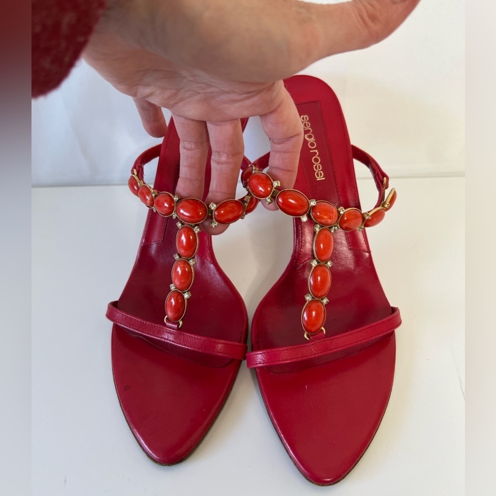 Sergio Rossi Red Crystal and Orange Stone Embellished Sandals, Size 39 - Picture 2 of 16